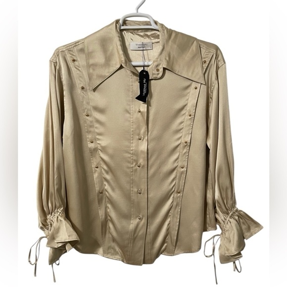 Vivienne Hu Women’s NWT Long Sleeve Gold Silk Style Large collar size 2 - Picture 1 of 16